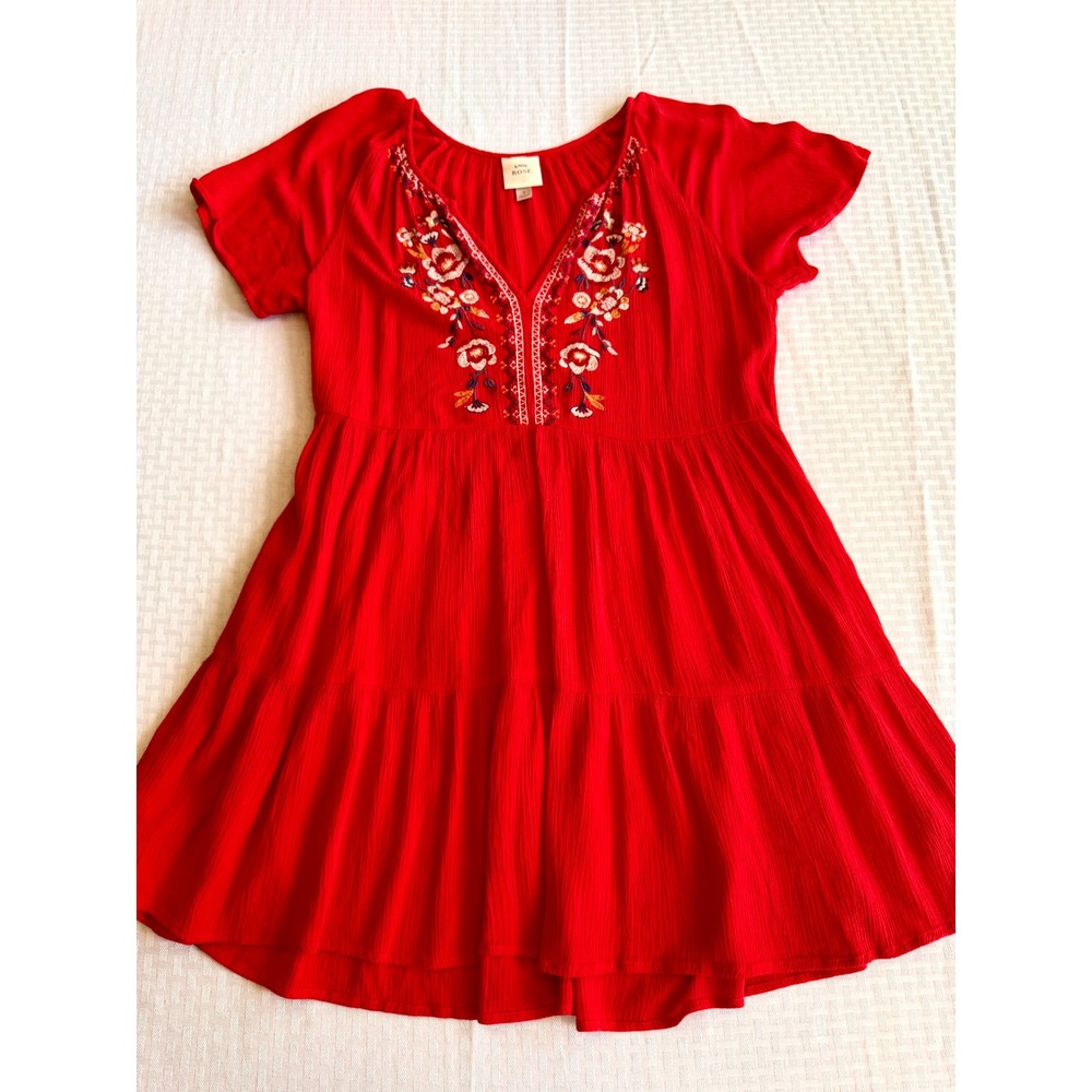 Knox Rose Red Embroidered Floral Tiered Babydoll Boho Mini Dress Small Pockets